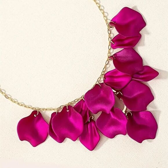 Elegant Fuchsia Petal Necklace 14K Gold Plated Chain - Picture 2 of 5